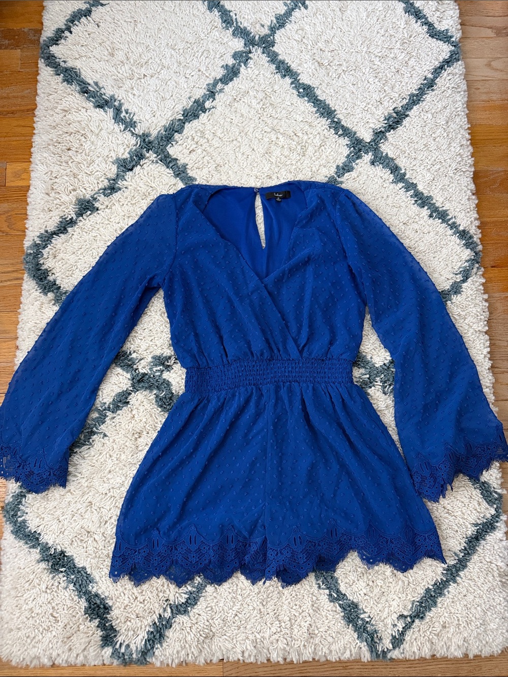 Lulus Meadowlake Blue Swiss Dot Lace Bell Sleeve Romper